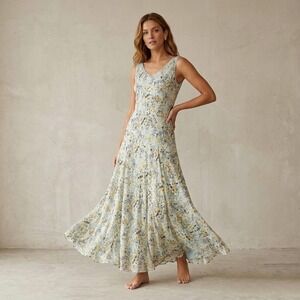 Vintage | Jones New York | Flowy Bias Cut Silk Maxi Dress Abstract Print Size 12